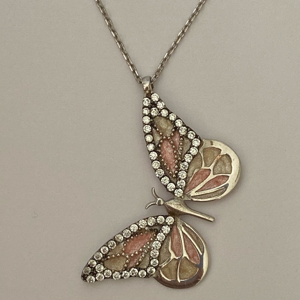 925 Silver butterfly necklace pink white enamel clear cubic zirconia cz stones